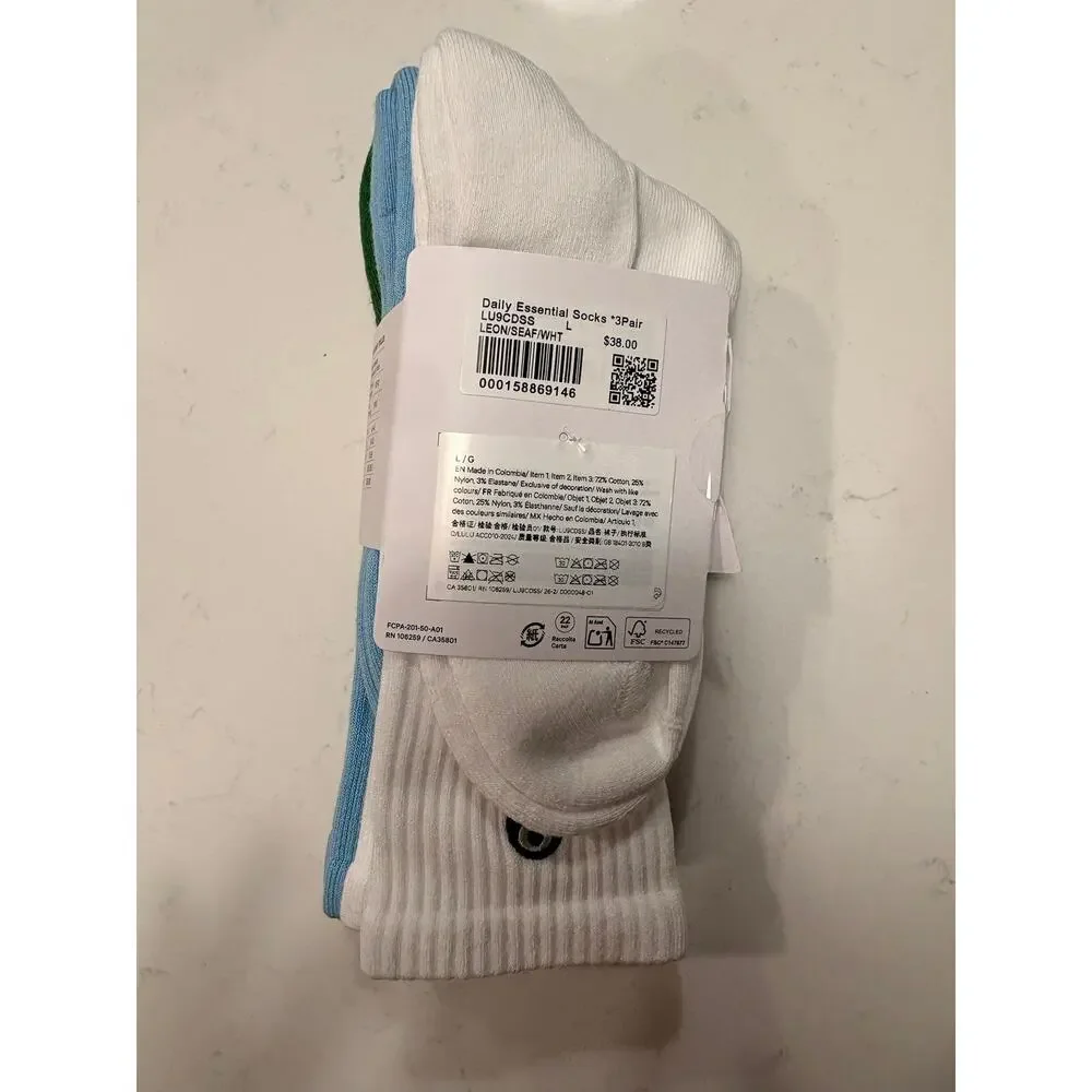 NWT Lululemon Daily Essentials Socks - Crew Length - 3 pairs - Sz L - $38 MSRP